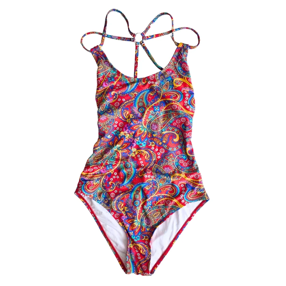 CUPSHE One-Piece Swimsuit Paisley Scoop Neck O-Ring Strappy Back Red Size Small - Picture 3 of 9